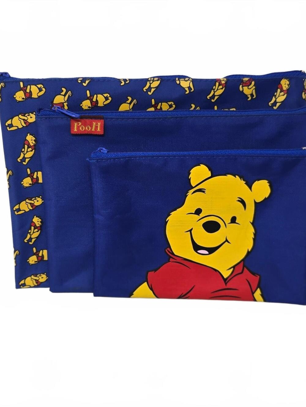 VTG Disney Winnie The Pooh 3 Piece Nested Zipper Pouch Set Blue Makeup Travel